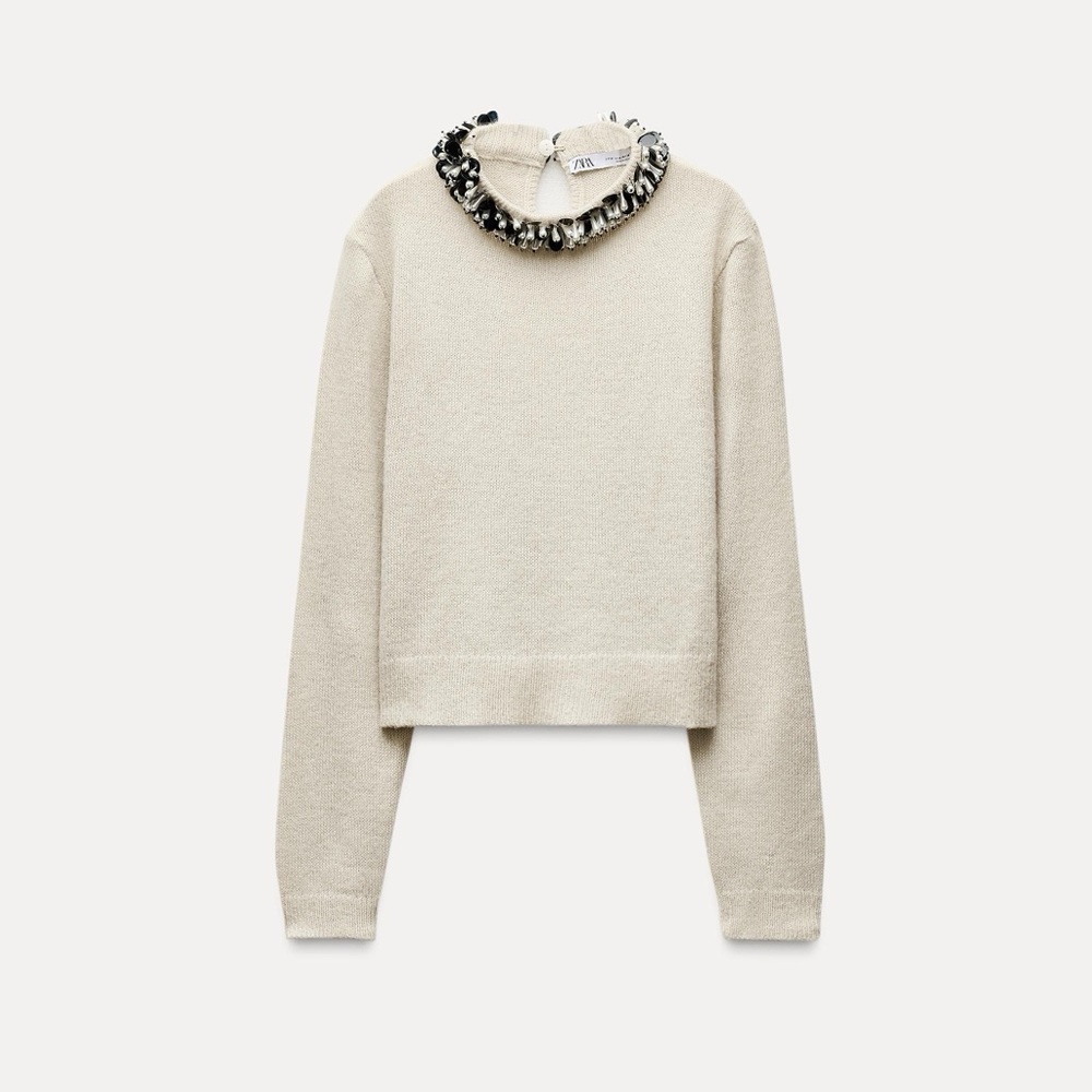 NWT Zara Beaded Collar Cropped Sweater in Cream Size Small alpaca wool